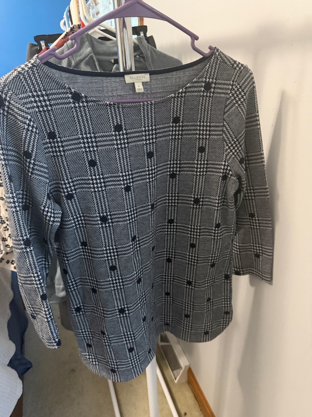 Talbots Black and White Plaid Knit Boatneck Top